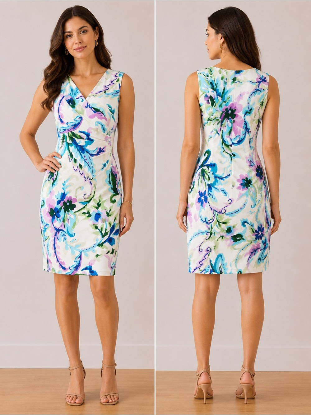 Lauren Ralph Lauren Floral Ruched Sheath Dress White Multi Size 4P Petite
